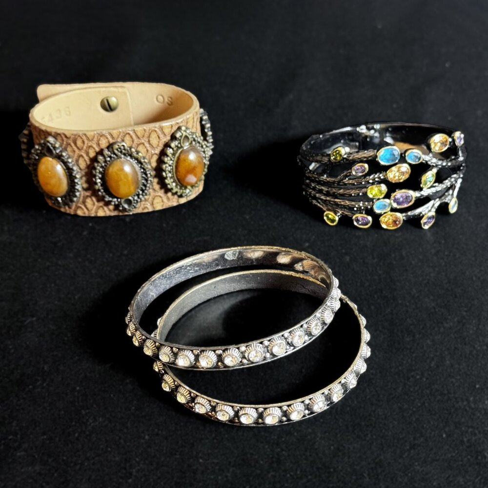Lot Of 4 Vtg Bracelets Leather Cuff, Metal Colorful Stones, 2 Metal Clear Stones